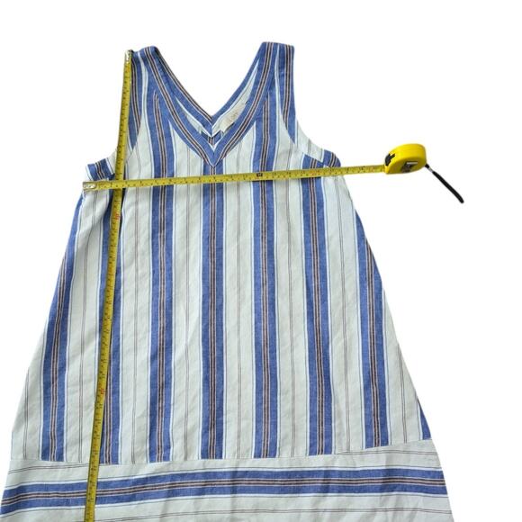 Loft Linen Blend Double V Dress Women's Small White Blue Stripe A Line - Picture 2 of 5